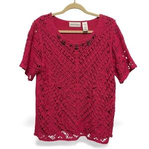 Alfred Dunner Top Womens Large Pink Crochet Beaded Knit Boho Valentine Festival